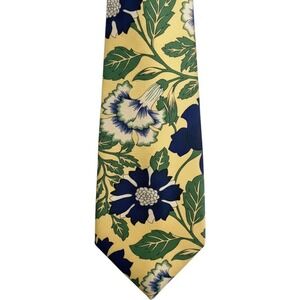 Vintage J.T. Beckett Necktie Yellow Navy Blue Floral Silk Made in Portugal